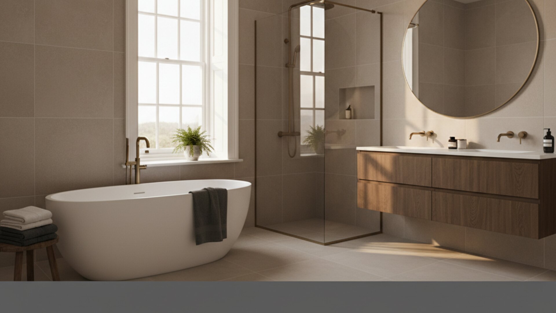 A finished family bathroom with brushed-brass fixtures.