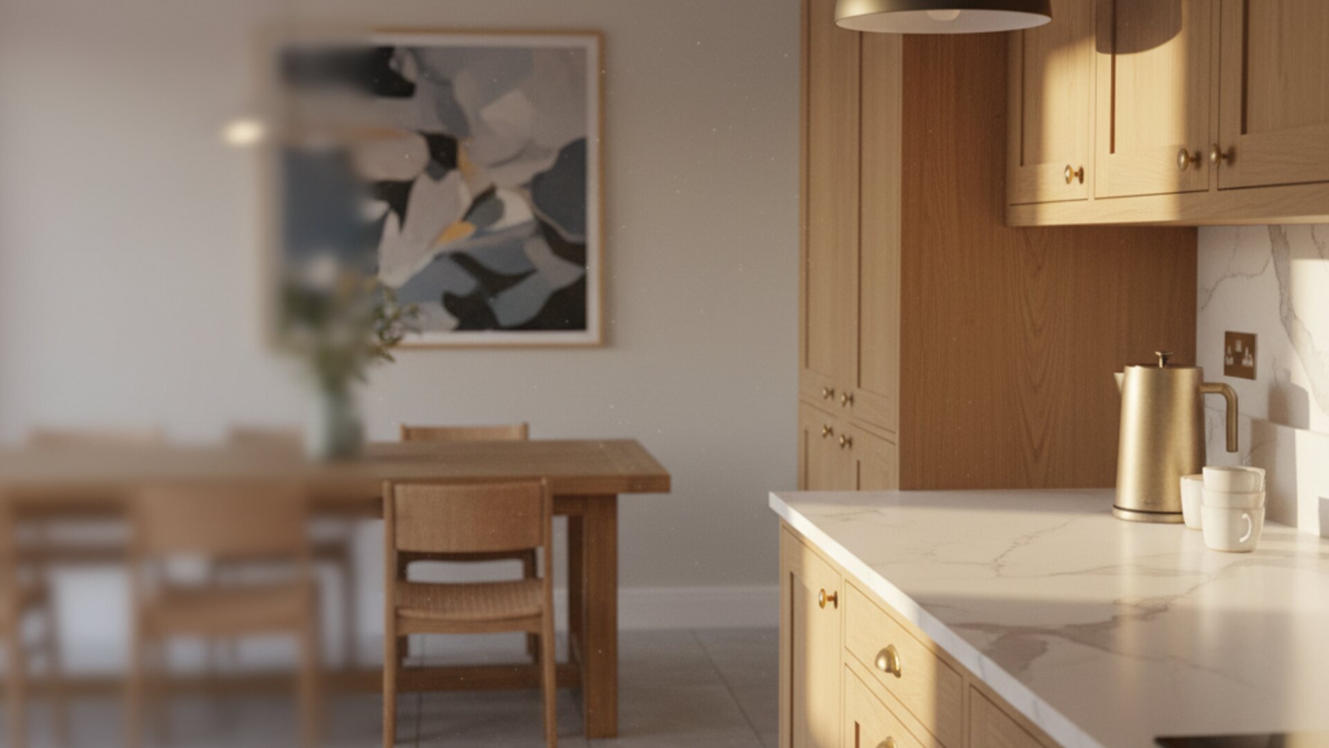 A finished open-plan kitchen with morning window light.